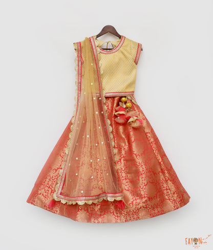 Golden Brocade Coral Brocade Lehenga with Choli Boti Net Dupatta for Girls