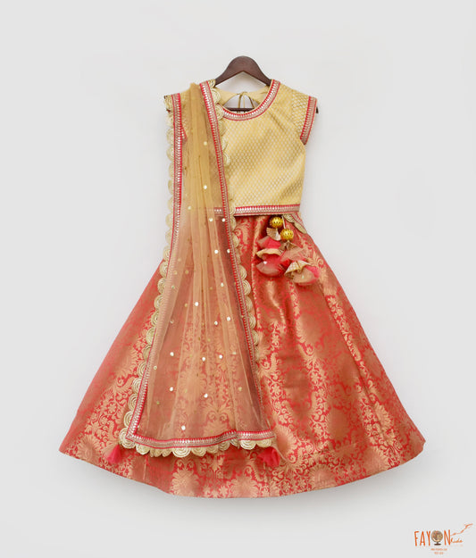 Fayon Kids Golden Brocade Coral Brocade Lehenga with Choli Boti Net Dupatta for Girls