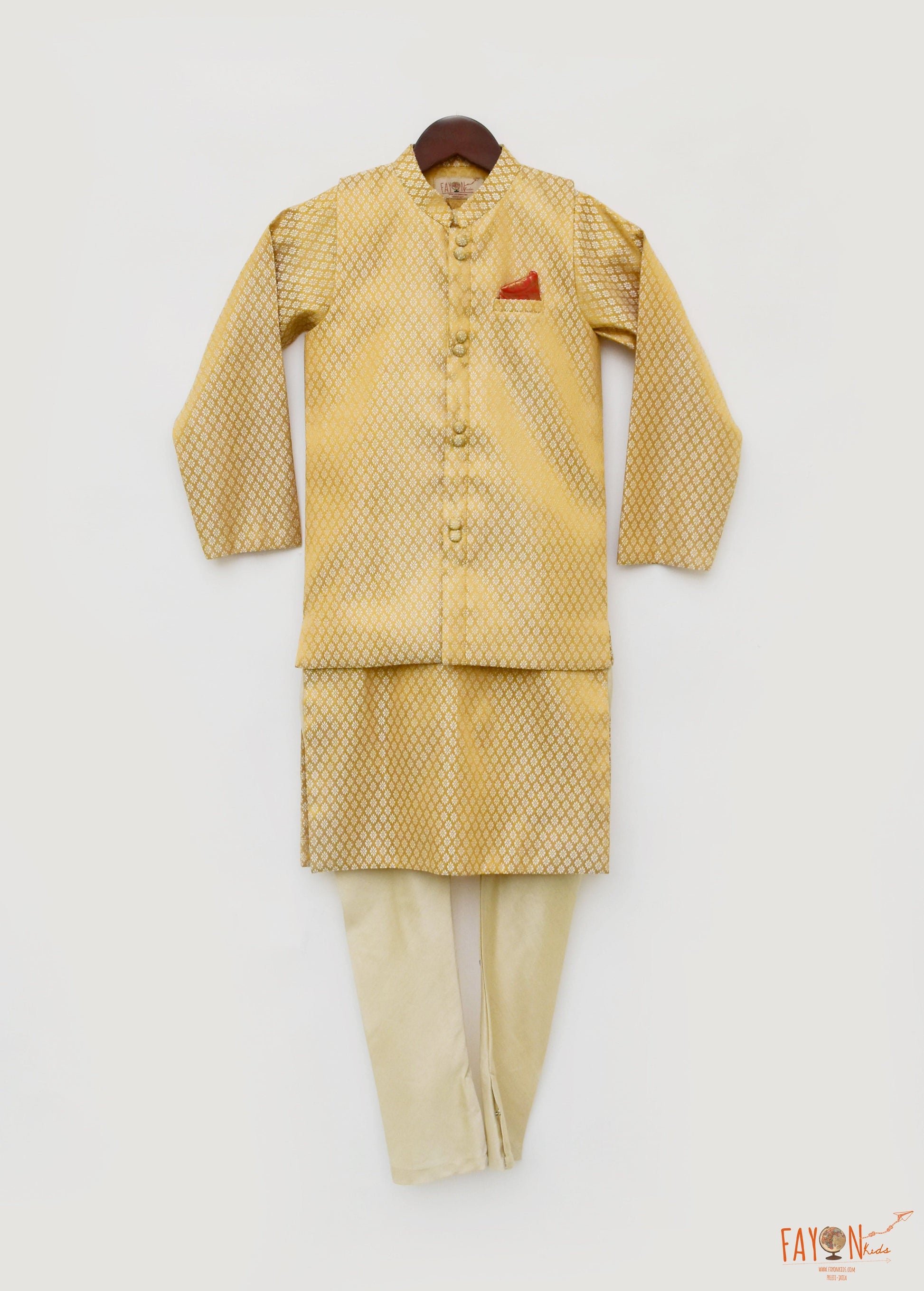 Golden Brocade Nehru Jacket with Kurta Chudidar for Boys