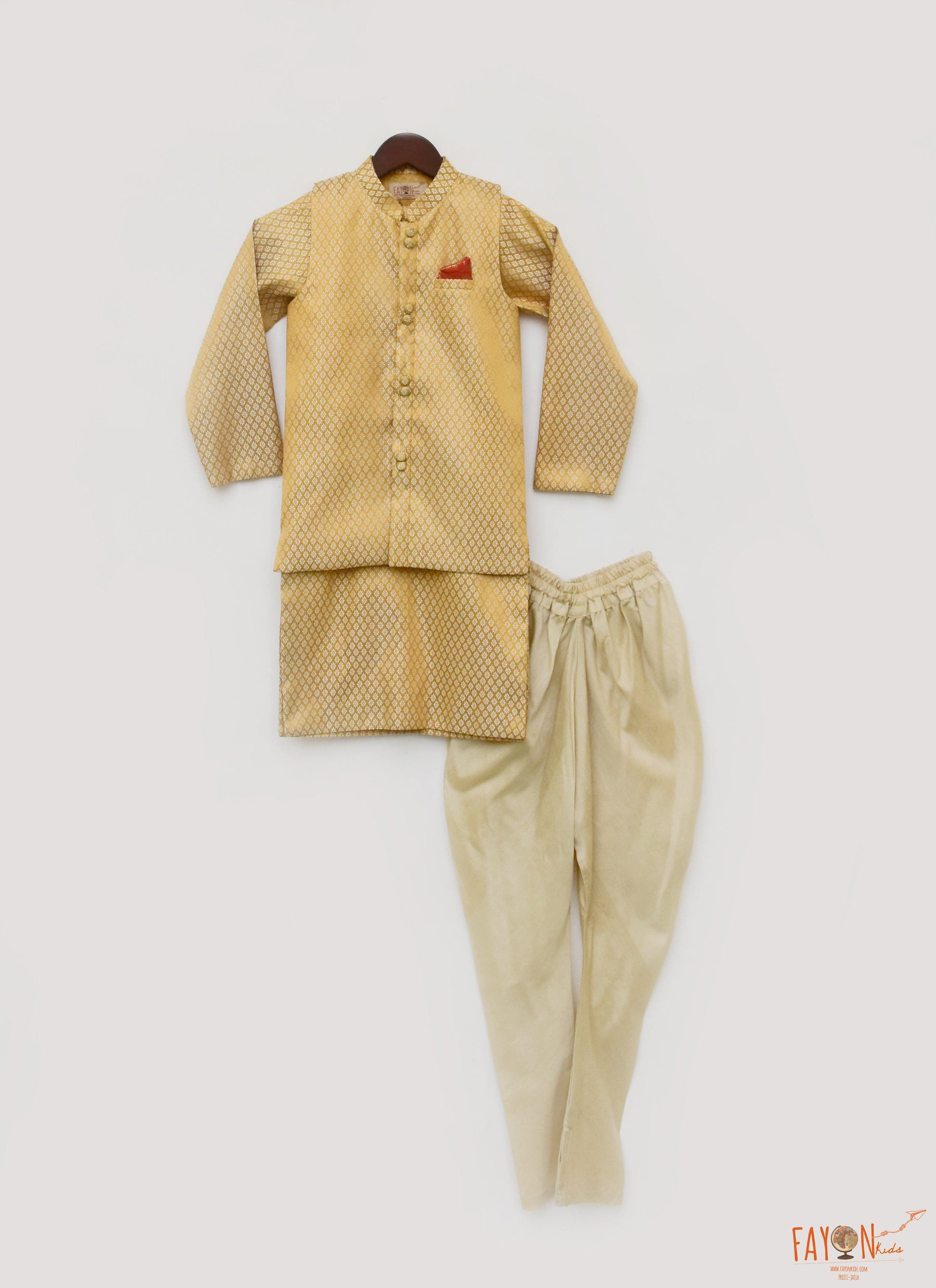 Golden Brocade Nehru Jacket with Kurta Chudidar for Boys