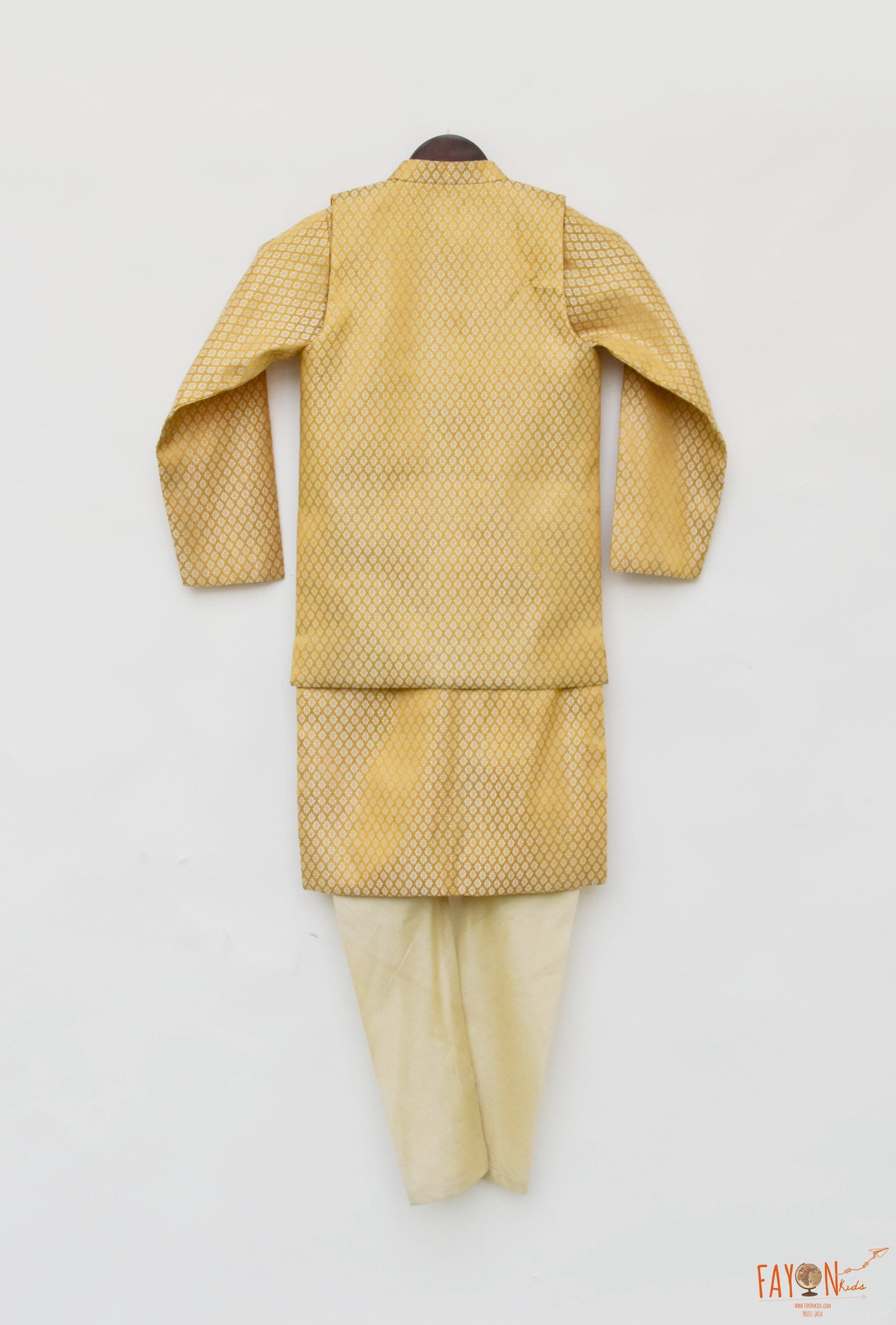 Golden Brocade Nehru Jacket with Kurta Chudidar for Boys