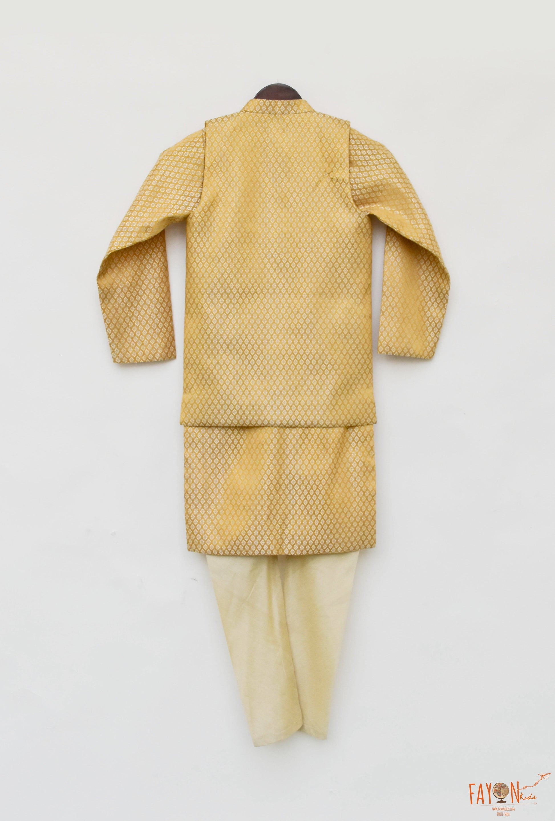 Golden Brocade Nehru Jacket with Kurta Chudidar for Boys