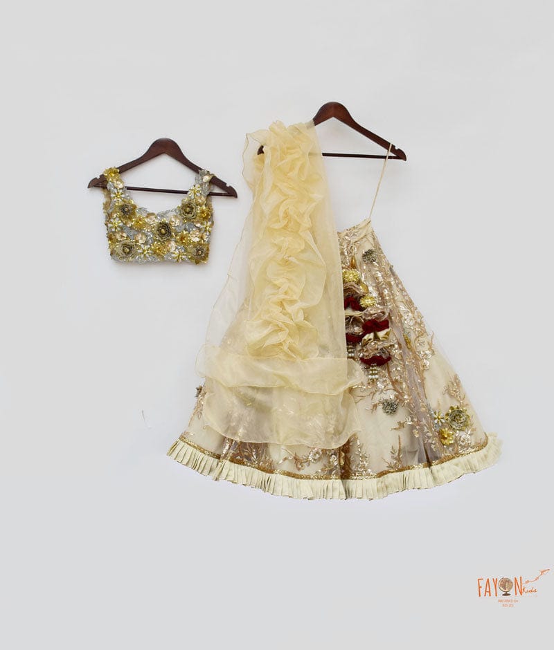 Fayon Kids Golden Embroidery Lehenga with 3D Flowers Choli Organza Dupatta for Girls