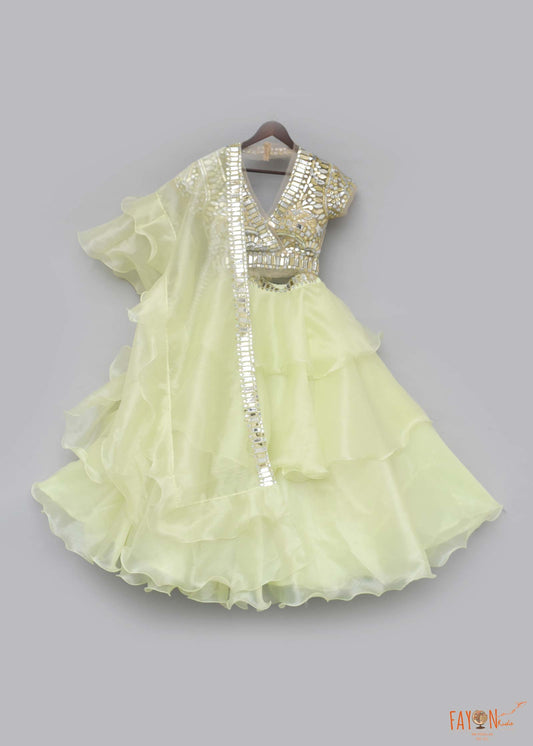 Fayon Kids Golden Lime Green Layered Lehenga with Embroidery Choli Organza Dupatta for Girls