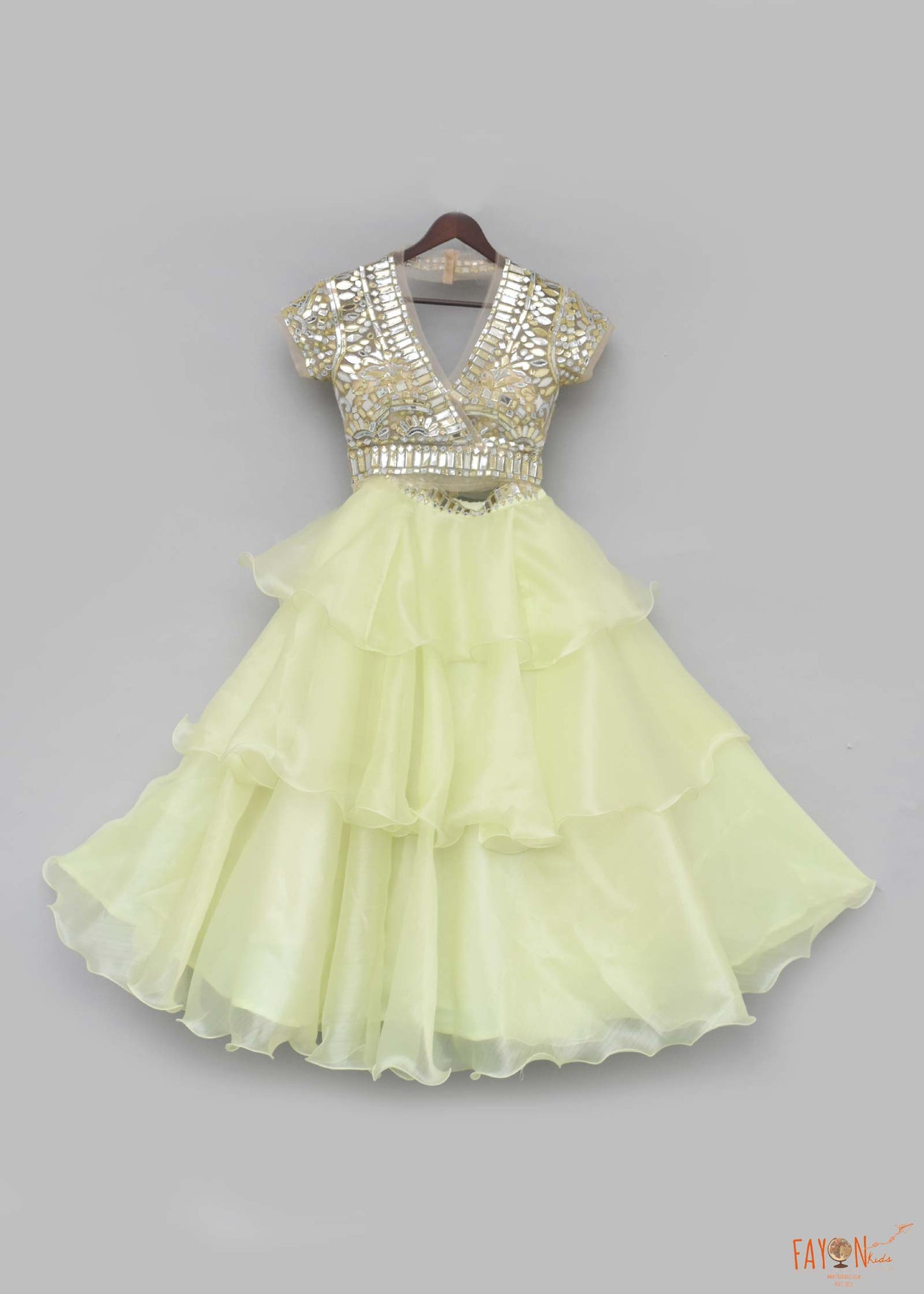 Fayon Kids Golden Lime Green Layered Lehenga with Embroidery Choli Organza Dupatta for Girls