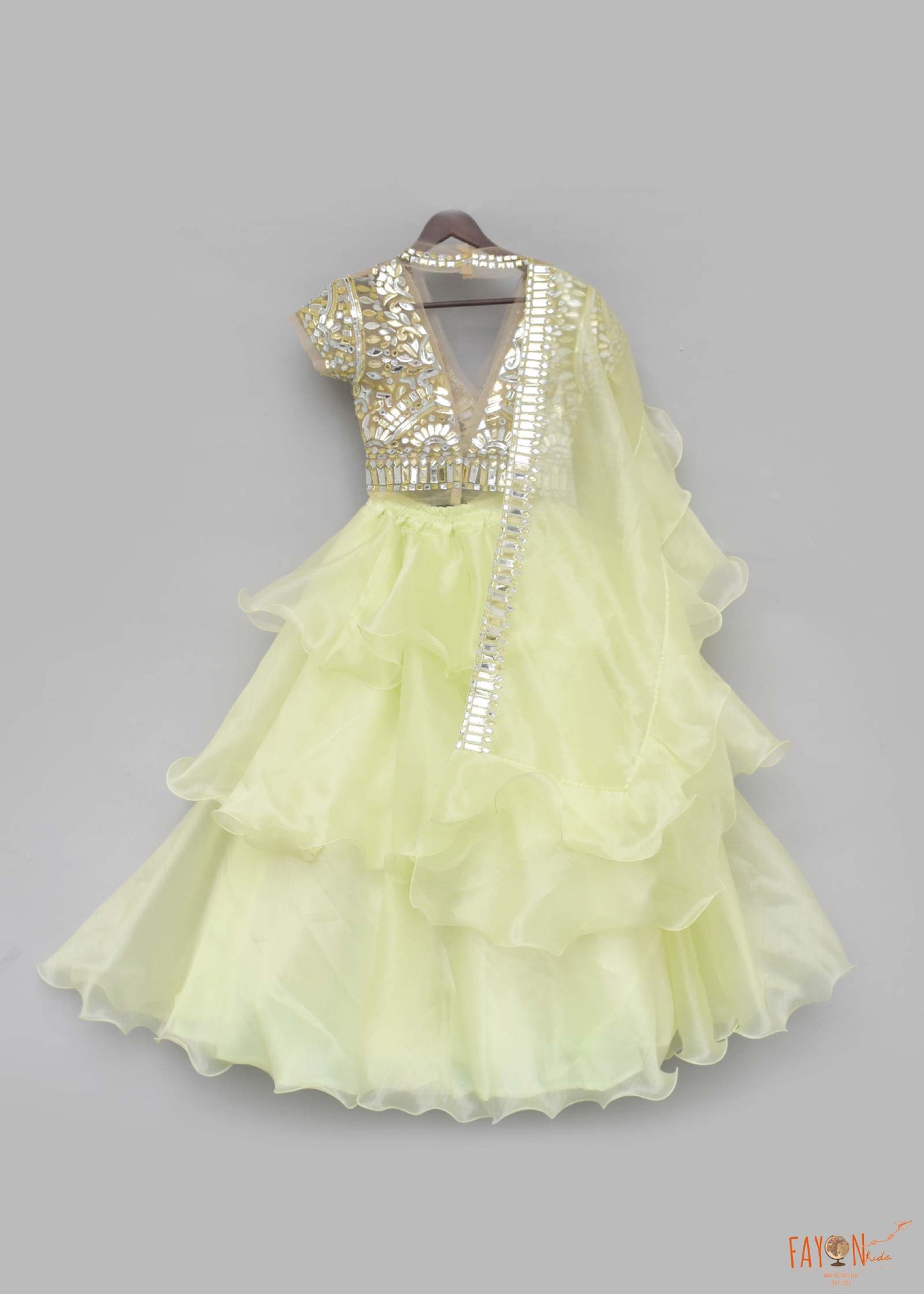 Fayon Kids Golden Lime Green Layered Lehenga with Embroidery Choli Organza Dupatta for Girls