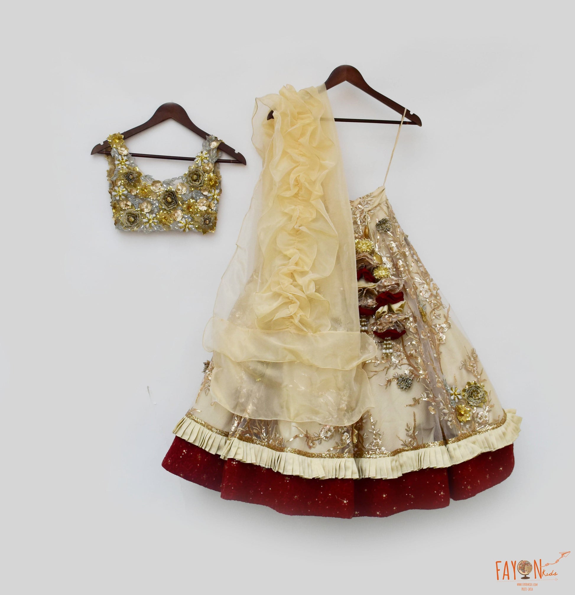 Fayon Kids Golden Maroon Embroidery Lehenga with 3D Flowers Choli Organza Dupatta for Girls