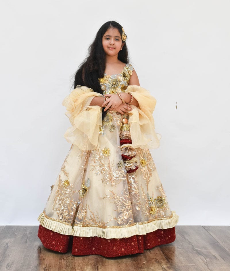 Fayon Kids Golden Maroon Embroidery Lehenga with 3D Flowers Choli Organza Dupatta for Girls