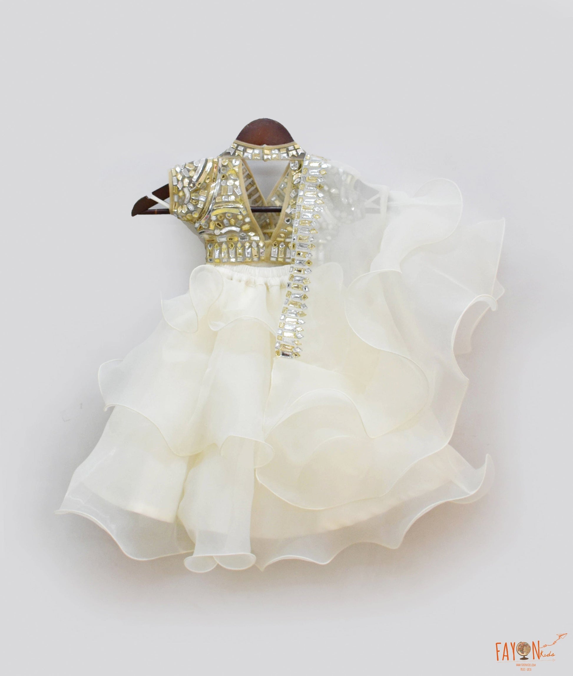 Fayon Kids Golden Net Off white Organza Embroidery Lehenga with Choli Organza Dupatta for Girls