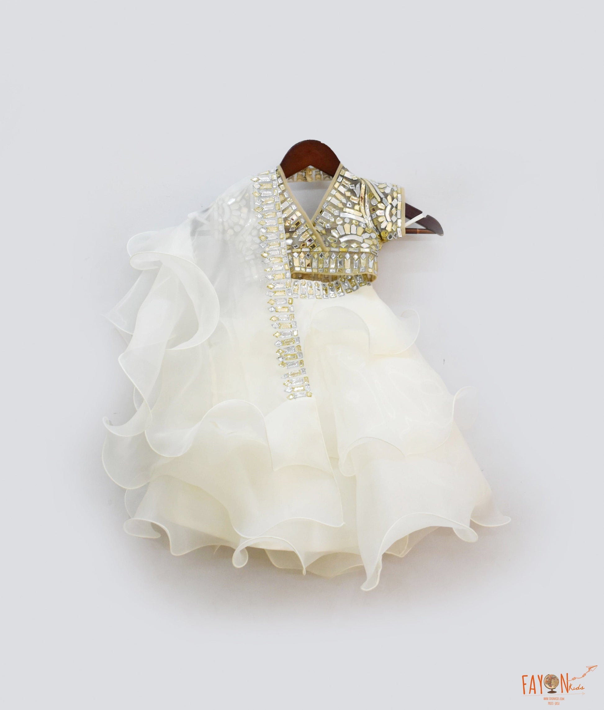 Fayon Kids Golden Net Off white Organza Embroidery Lehenga with Choli Organza Dupatta for Girls