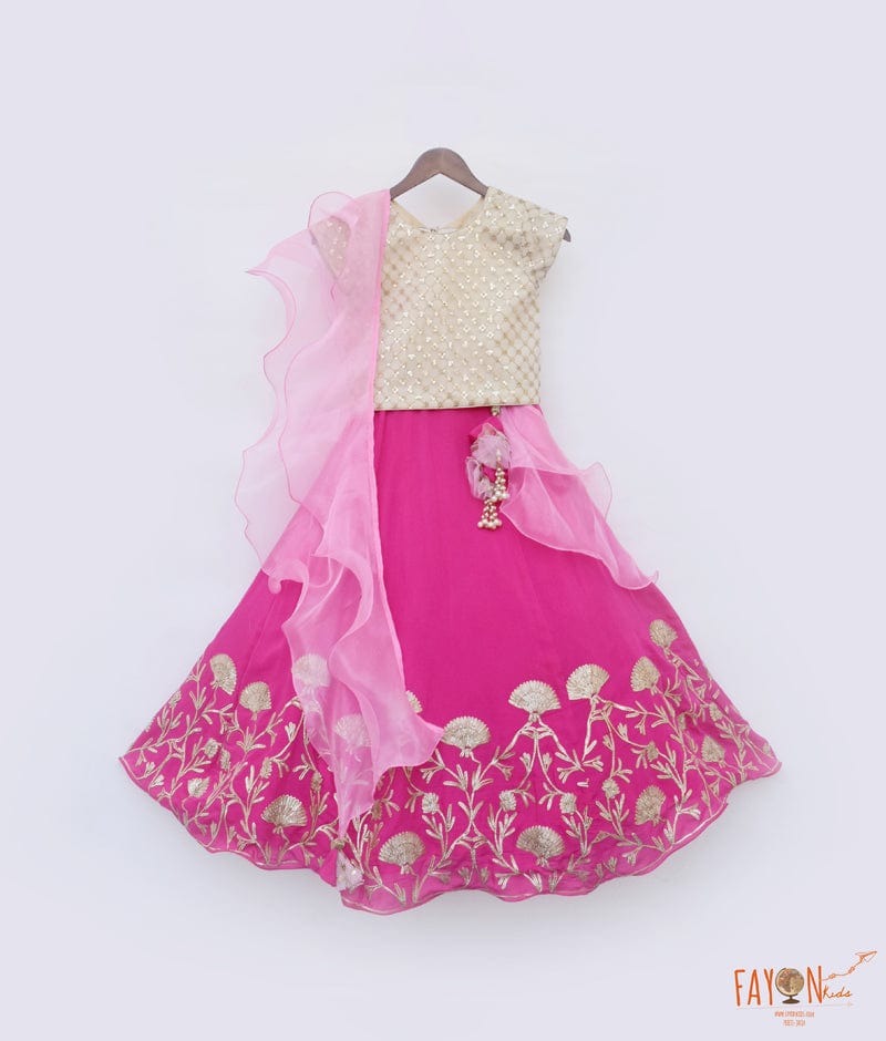 Fayon Kids Golden Sequins Net Pink Gota Embroidery Lehenga with Choli Organza Dupatta for Girls