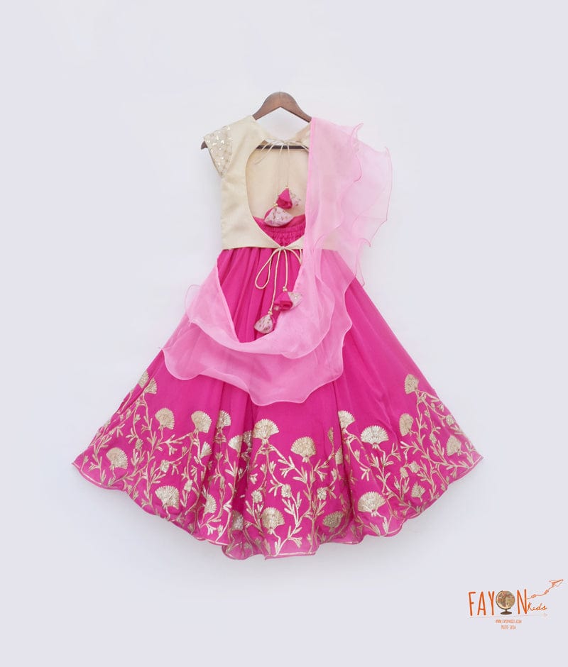 Golden Sequins Net Pink Gota Embroidery Lehenga with Choli Organza Dupatta for Girls