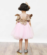 Golden Shimmer Pink Glitter Net Frock for Girls