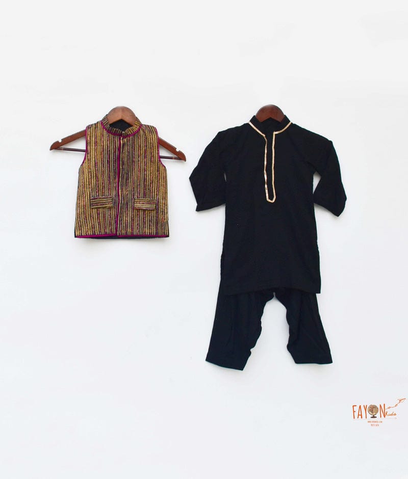 Fayon Kids Golden Strips Jacket with Black Kurta Salwar for Boys