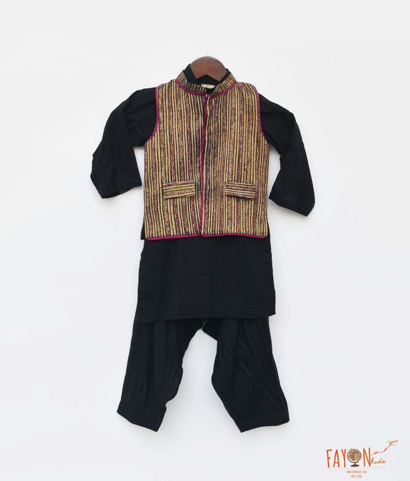 Fayon Kids Golden Strips Jacket with Black Kurta Salwar for Boys