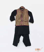 Golden Strips Jacket with Black Kurta Salwar for Boys
