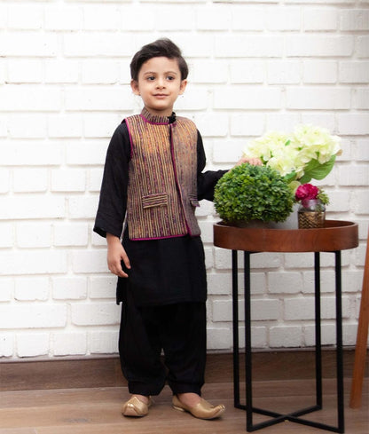 Fayon Kids Golden Strips Jacket with Black Kurta Salwar for Boys