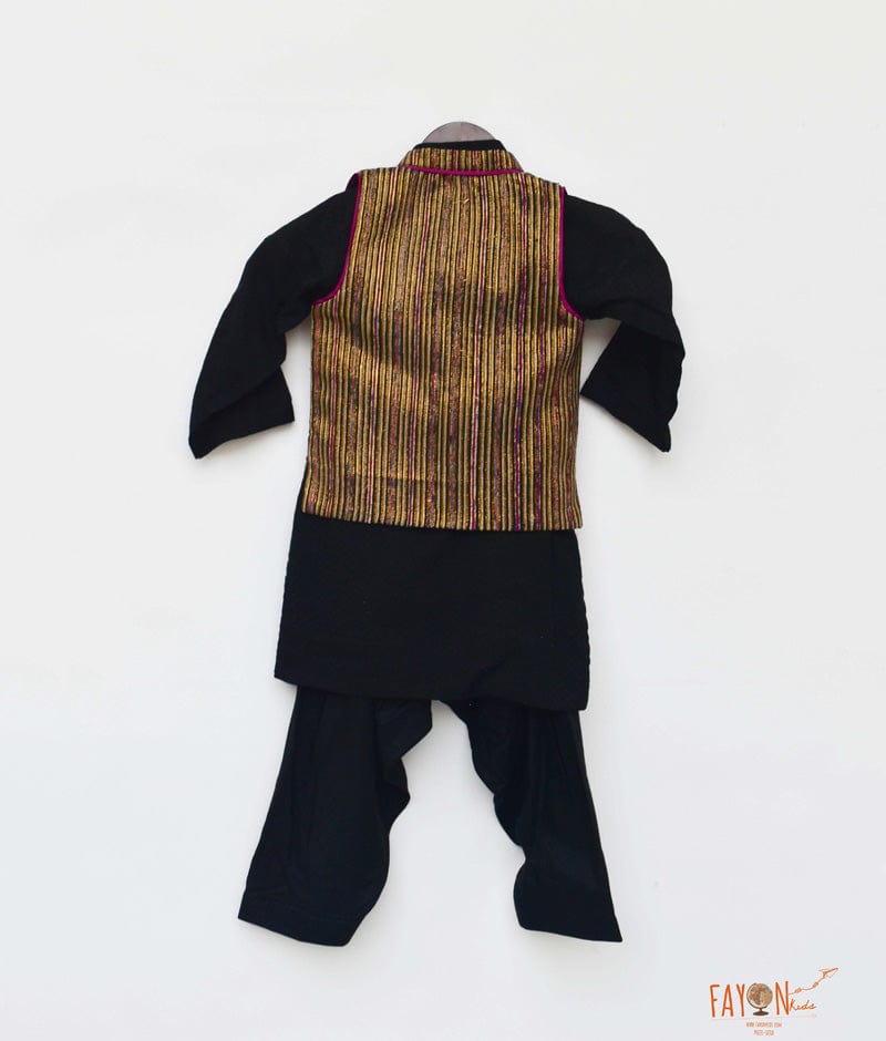 Fayon Kids Golden Strips Jacket with Black Kurta Salwar for Boys