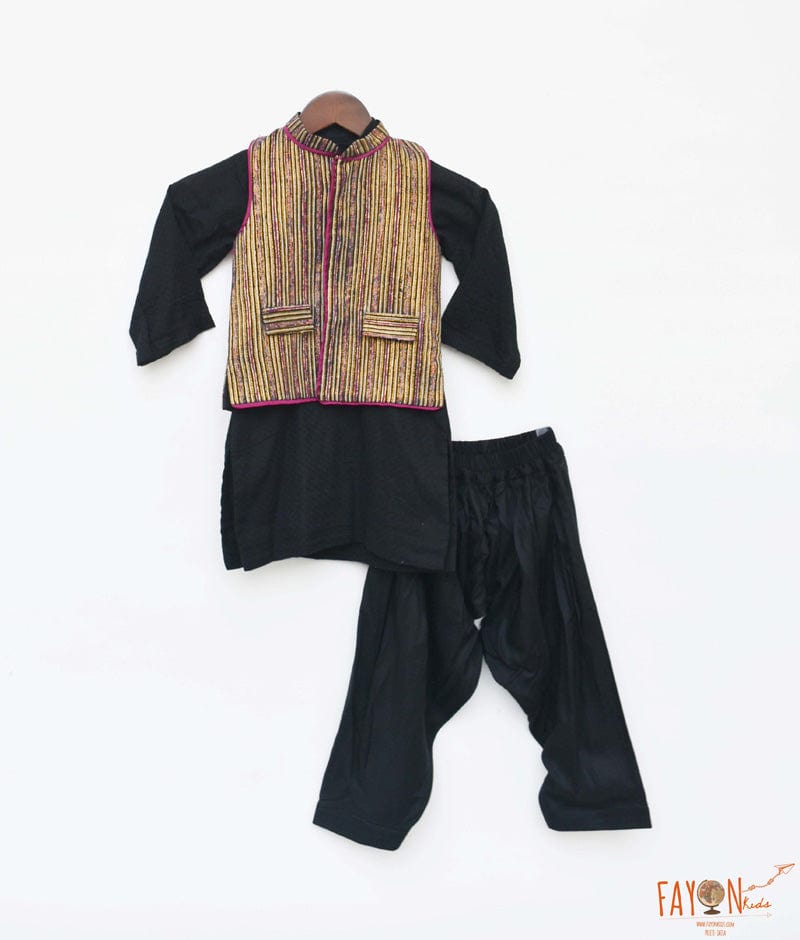 Fayon Kids Golden Strips Jacket with Black Kurta Salwar for Boys