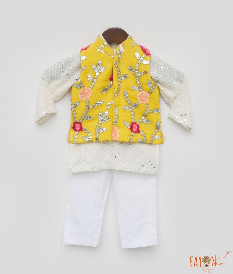 Fayon Kids Gotta Embroidery Jacket and White Mirror Kurta Pant for Boys