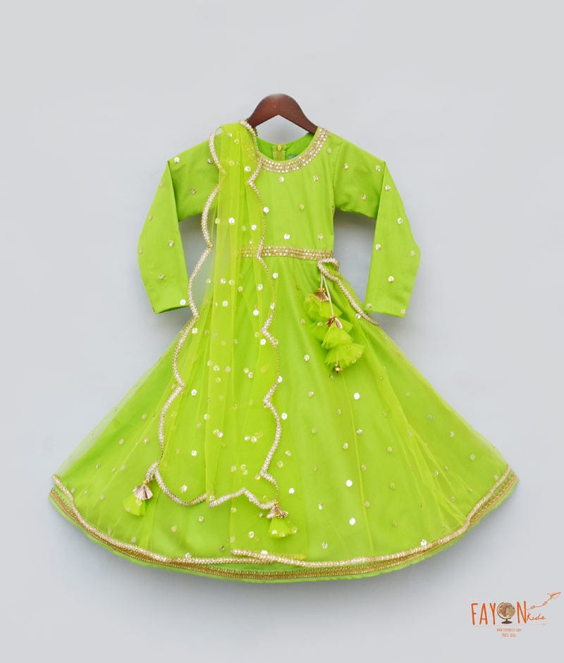 Green Boti Net Anarkali with Boti Net Dupatta for Girls