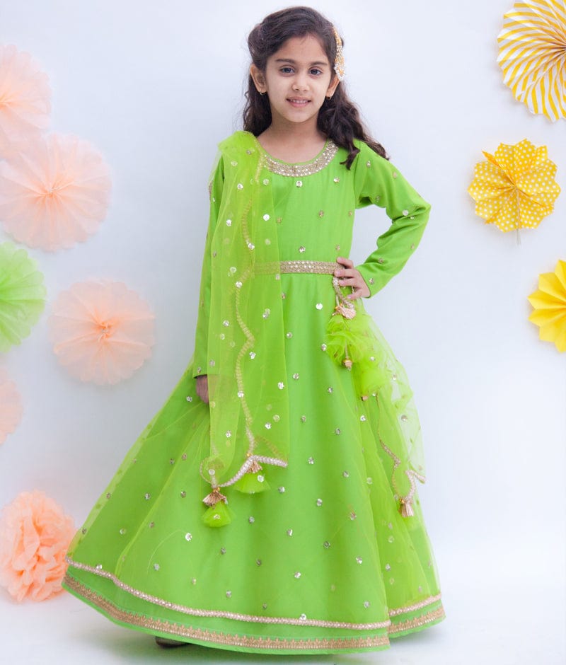 Green Boti Net Anarkali with Boti Net Dupatta for Girls