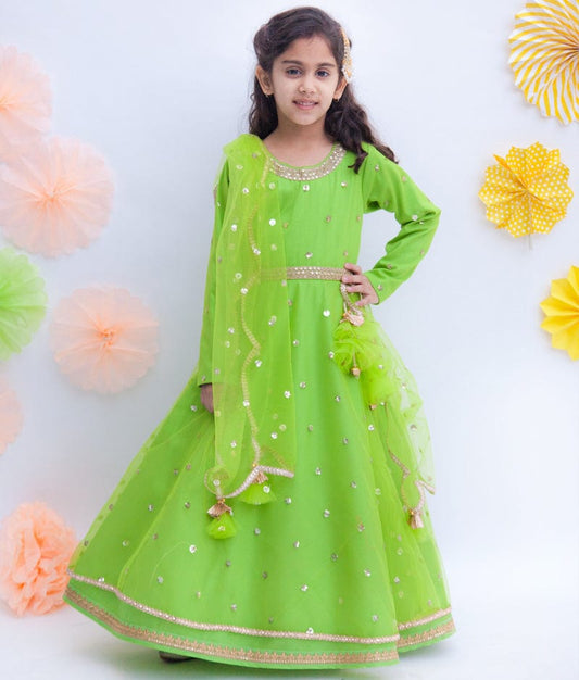 Green Boti Net Anarkali with Boti Net Dupatta for Girls