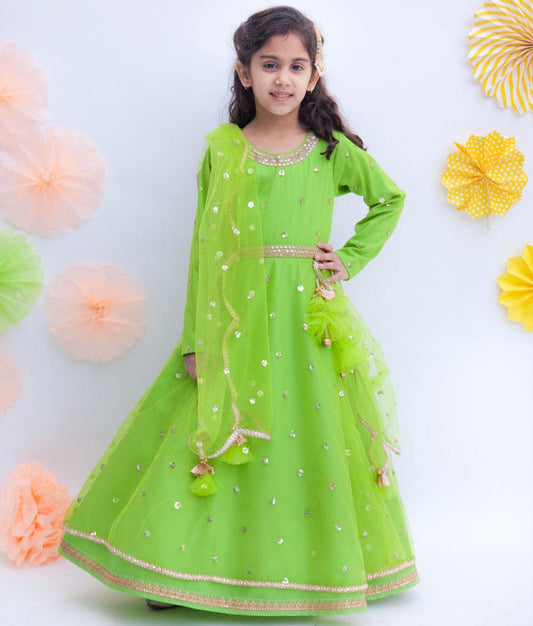 Fayon Kids Green Boti Net Anarkali with Boti Net Dupatta for Girls