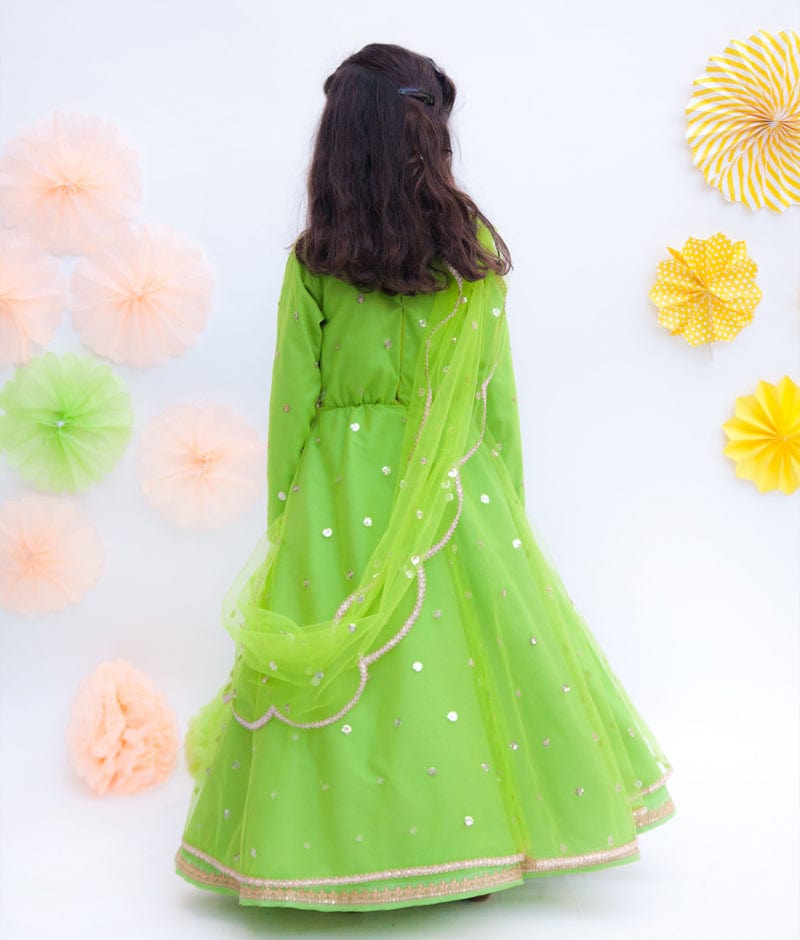 Green Boti Net Anarkali with Boti Net Dupatta for Girls