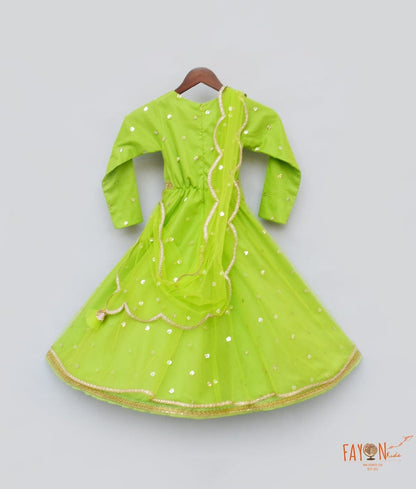 Green Boti Net Anarkali with Boti Net Dupatta for Girls