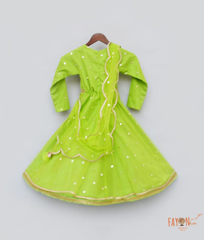Green Boti Net Anarkali with Boti Net Dupatta for Girls