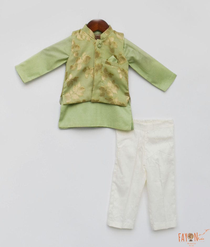 Green Chanderi Brocade Nehru Jacket Kurta Off white Pant for Boys
