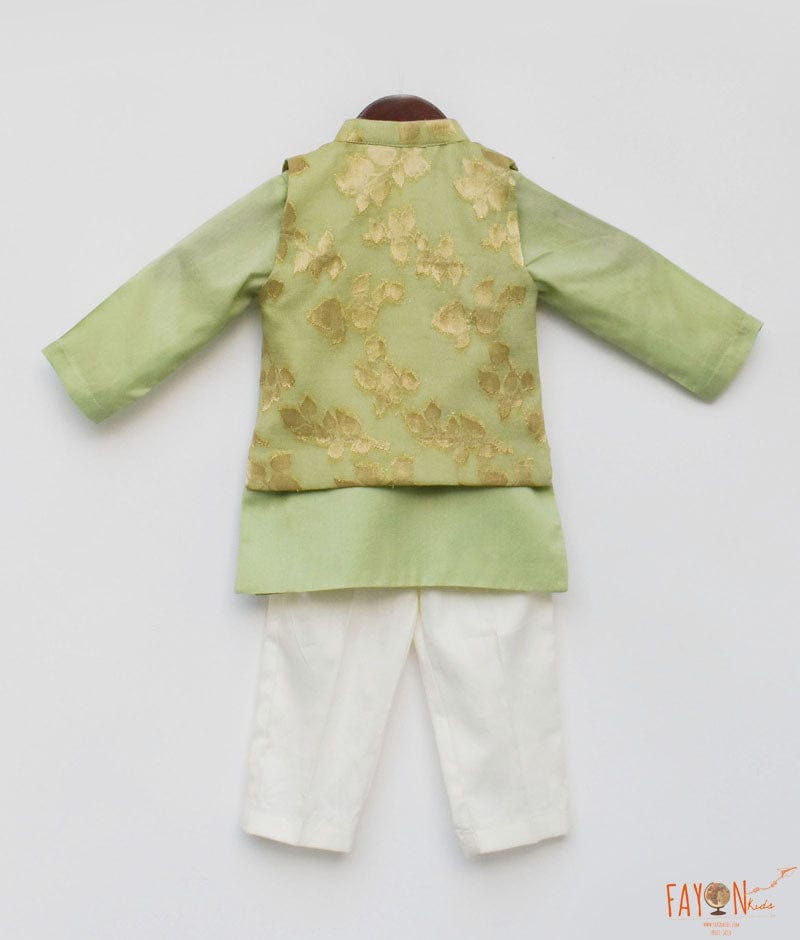 Green Chanderi Brocade Nehru Jacket Kurta Off white Pant for Boys
