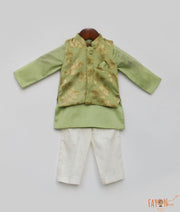 Green Chanderi Brocade Nehru Jacket Kurta Off white Pant for Boys
