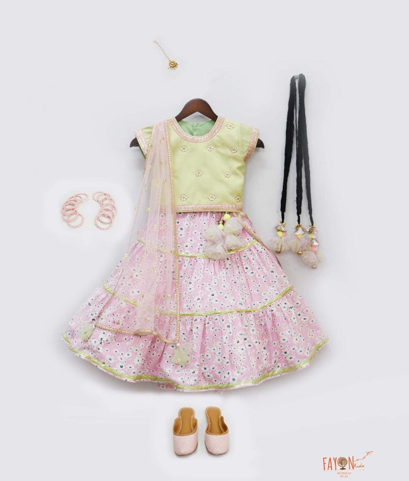 Fayon Kids Green Choli with Pink Floral Lehenga Boti Net Dupatta for Girls