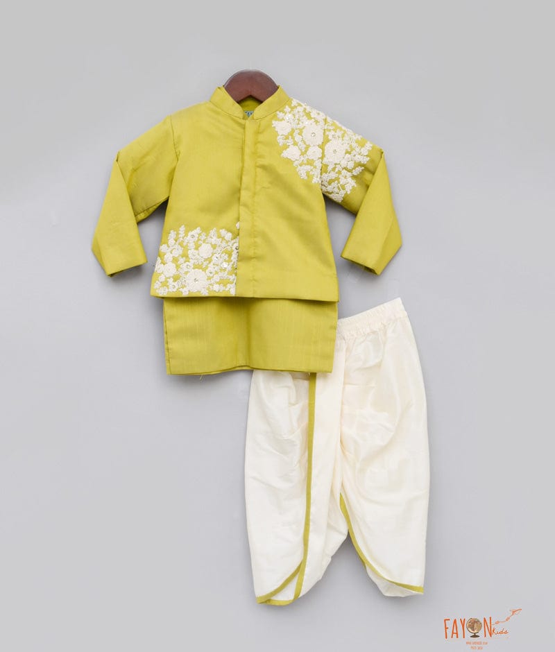 Green Embroidery Jacket with Kurta Dhoti for Boys