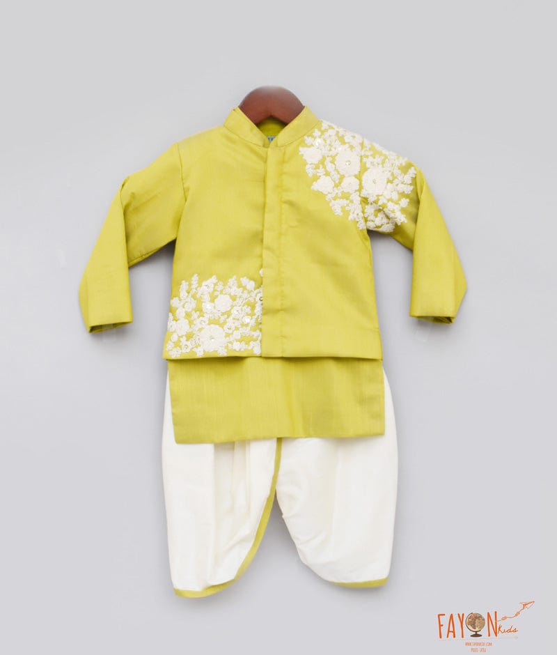 Fayon Kids Green Embroidery Jacket with Kurta Dhoti for Boys