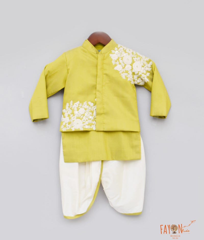 Green Embroidery Jacket with Kurta Dhoti for Boys