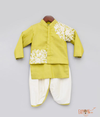 Green Embroidery Jacket with Kurta Dhoti for Boys