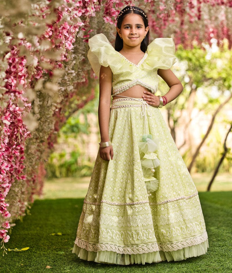 Fayon Kids Green Embroidery Lehenga Choli for Girls