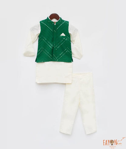 Fayon Kids Green Embroidery Nehru Jacket Off White Kurta Pant for Boys