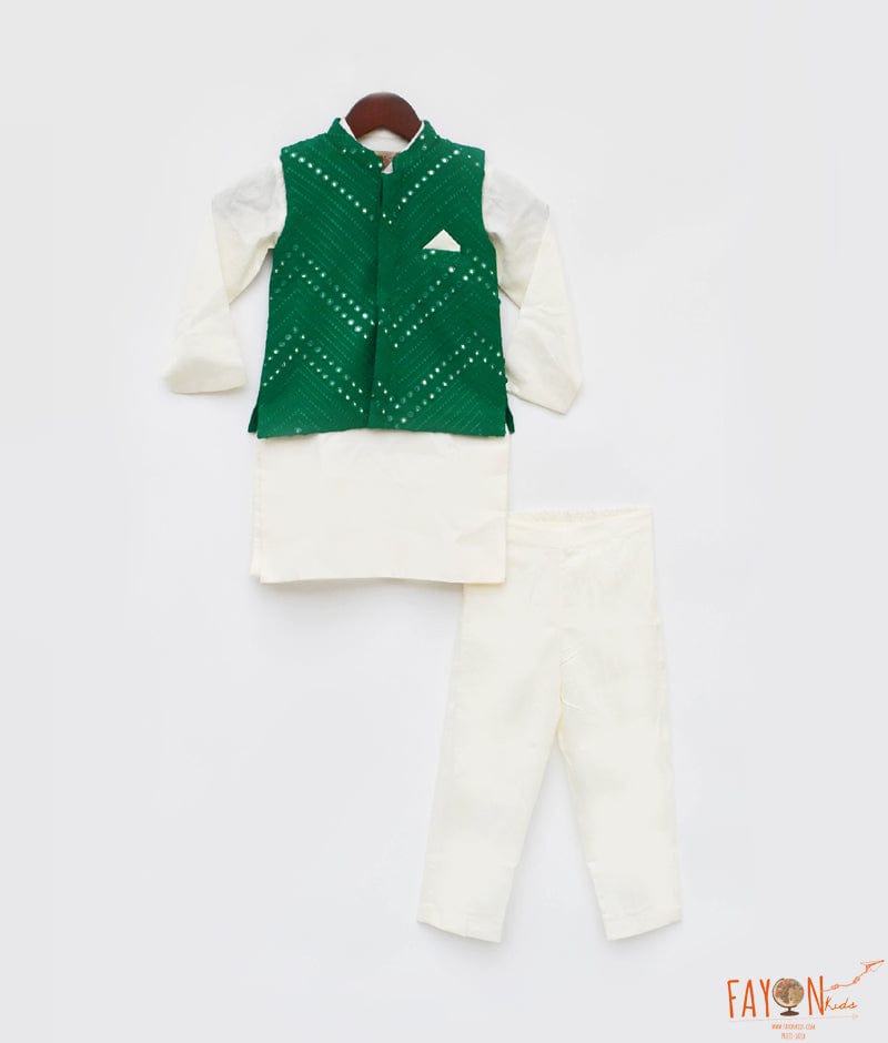 Green Embroidery Nehru Jacket Off White Kurta Pant for Boys