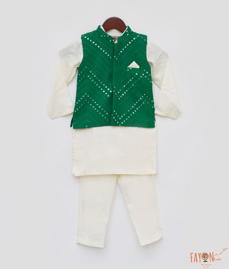 Fayon Kids Green Embroidery Nehru Jacket Off White Kurta Pant for Boys