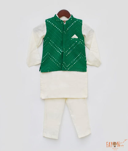 Green Embroidery Nehru Jacket Off White Kurta Pant for Boys