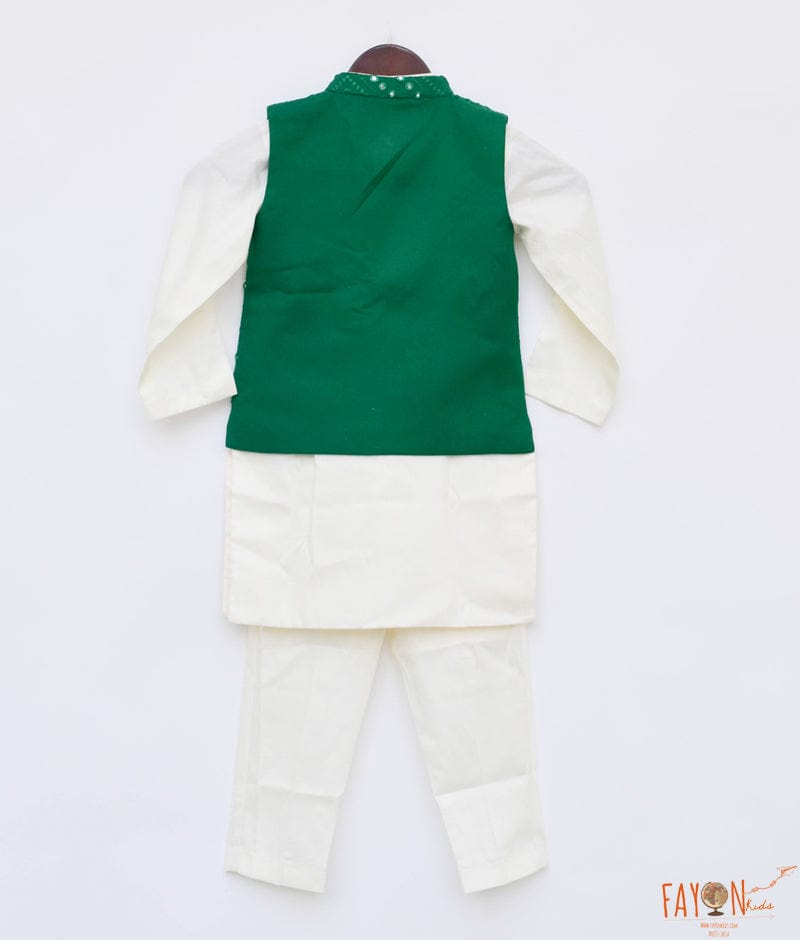 Fayon Kids Green Embroidery Nehru Jacket Off White Kurta Pant for Boys