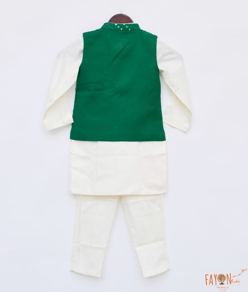 Green Embroidery Nehru Jacket Off White Kurta Pant for Boys