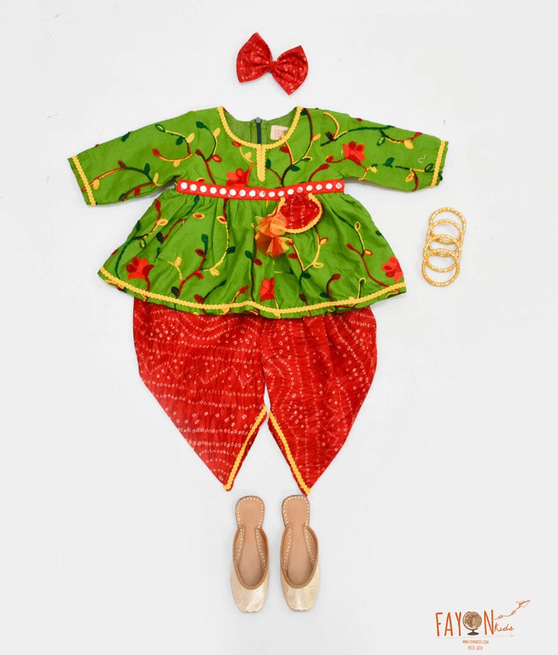 Fayon Kids Green Embroidery Peplum with Red Dhoti for Girls