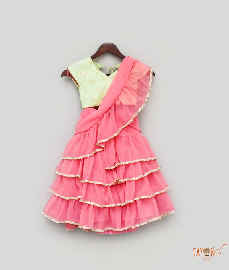Green Embroidery Pink Georgette Saree for Girls