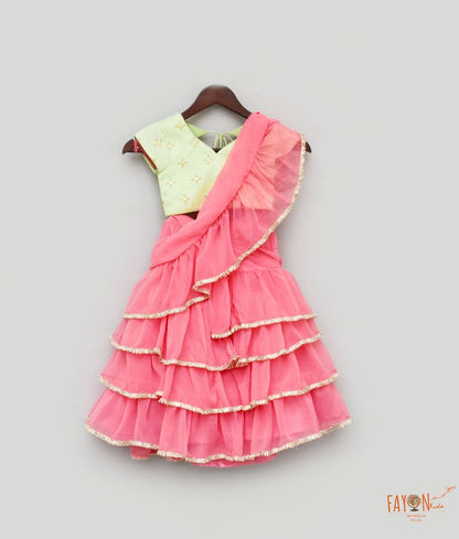 Green Embroidery Pink Georgette Saree for Girls