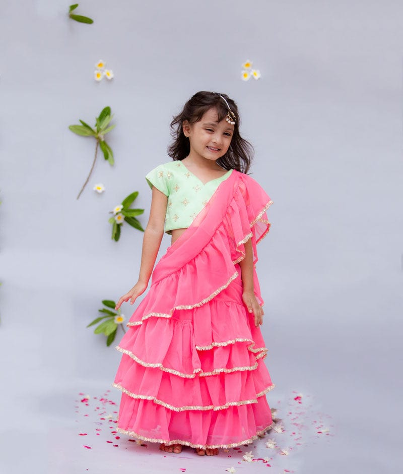 Fayon Kids Green Embroidery Pink Georgette Saree for Girls